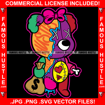 Cute Female Hustle Horror Teddy Bear Stitched Eyes Stitches Head Bone Missing Hand Bandage Woman Tattoo Hip Hop Girl Rap Lady Hustler Drip Plug Trap Hood Thug Gang Street Art Graphic Design Logo T-Shirt Print Printing JPG PNG SVG Vector Cut File